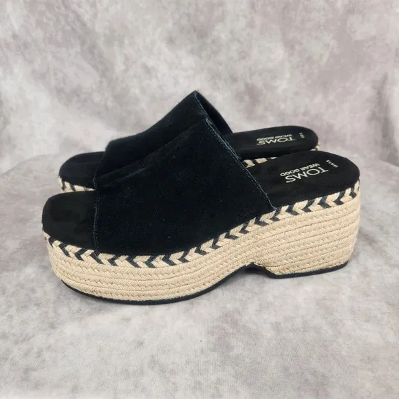 TOMS LAILA MULE Platform Sandals Women's 7.5 BLACK SUEDE Slip On Vacation