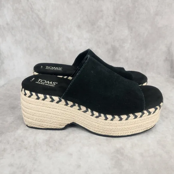 TOMS LAILA MULE Platform Sandals Women's 7.5 BLACK SUEDE Slip On Vacation