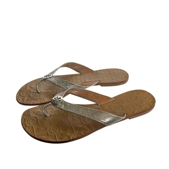 Tory Burch 8 Thora Metallic Silver Flip Flop Leather Sandals Casual Summer Shoes