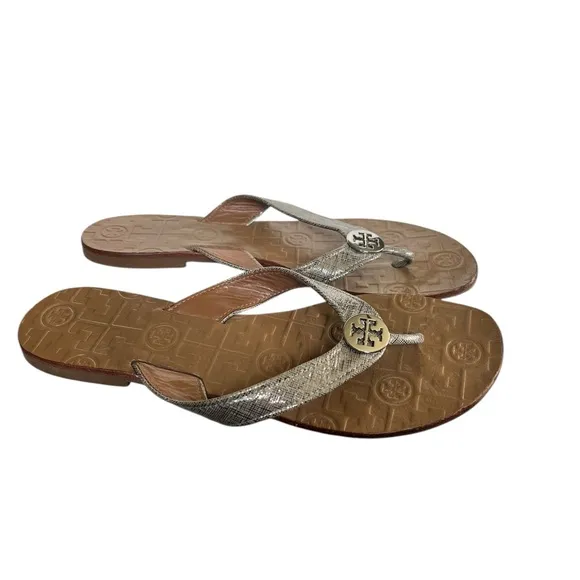 Tory Burch 8 Thora Metallic Silver Flip Flop Leather Sandals Casual Summer Shoes