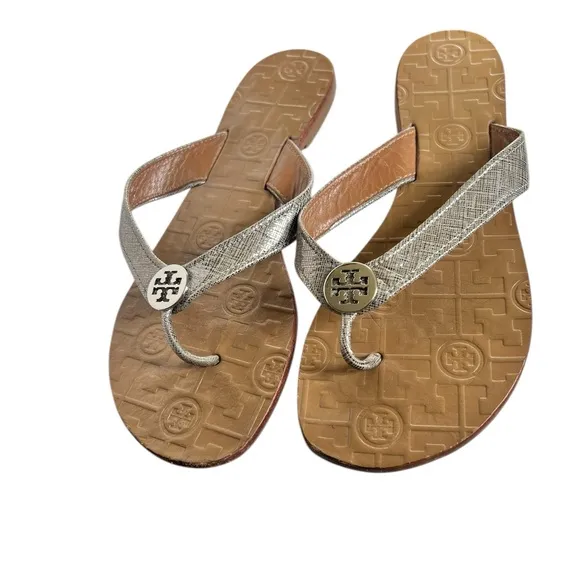 Tory Burch 8 Thora Metallic Silver Flip Flop Leather Sandals Casual Summer Shoes