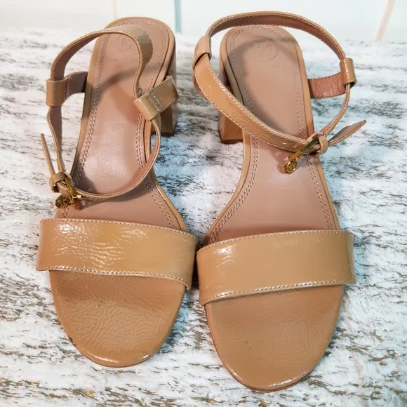 Tory Burch &quot;Laurel&quot; Patent Leather Pump Ankle Strap Sandal Nude | Women's Size 8