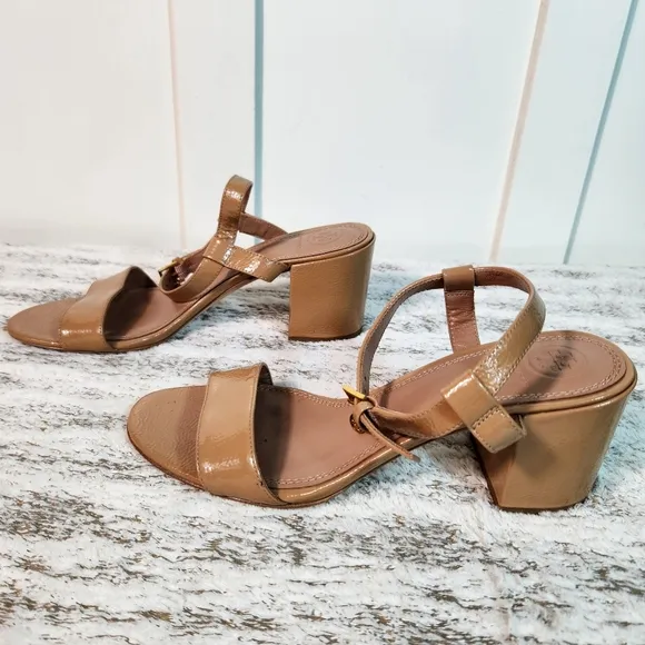 Tory Burch &quot;Laurel&quot; Patent Leather Pump Ankle Strap Sandal Nude | Women's Size 8