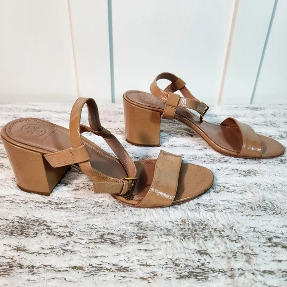 Tory Burch &quot;Laurel&quot; Patent Leather Pump Ankle Strap Sandal Nude | Women's Size 8