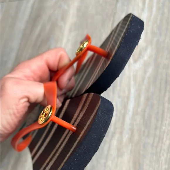 Tory Burch Black and Orange Sandals with Bold Design