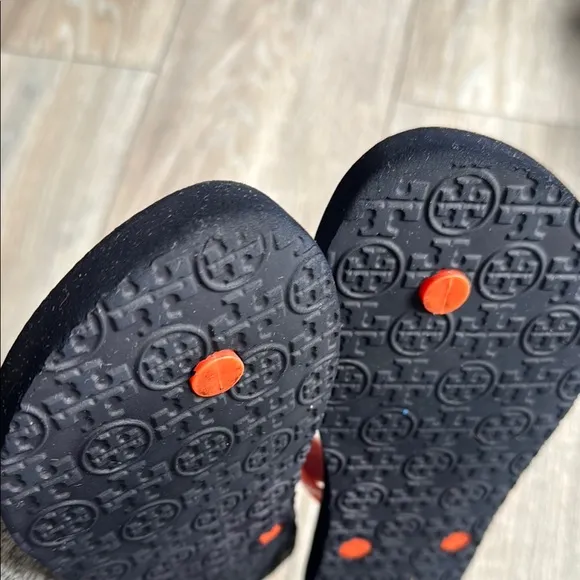 Tory Burch Black and Orange Sandals with Bold Design