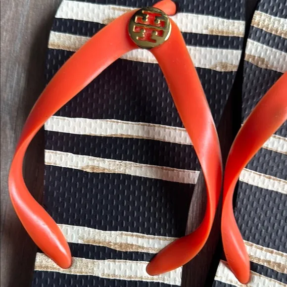 Tory Burch Black and Orange Sandals with Bold Design