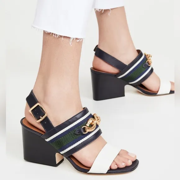 Tory Burch Black and White Sandals with Gold Chain Detail