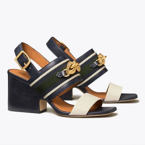 Tory Burch Black and White Sandals with Gold Chain Detail