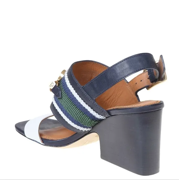 Tory Burch Black and White Sandals with Gold Chain Detail