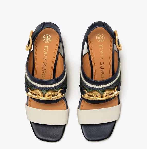 Tory Burch Black and White Sandals with Gold Chain Detail