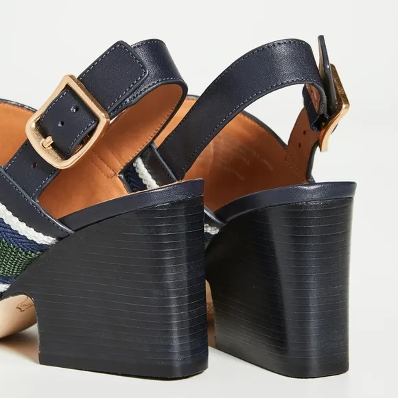 Tory Burch Black and White Sandals with Gold Chain Detail