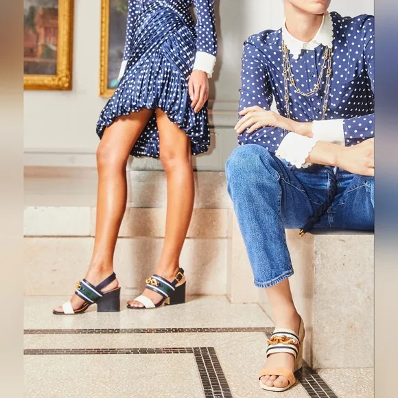 Tory Burch Black and White Sandals with Gold Chain Detail
