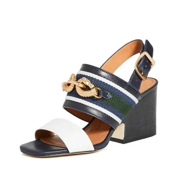 Tory Burch Black and White Sandals with Gold Chain Detail
