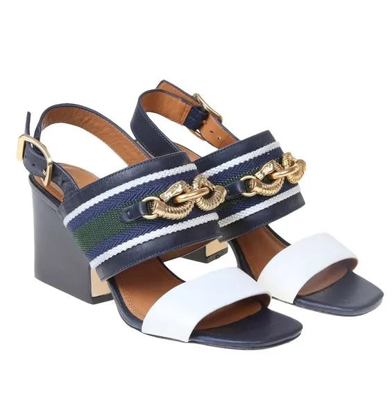 Tory Burch Black and White Sandals with Gold Chain Detail