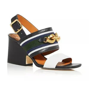 Tory Burch Black and White Sandals with Gold Chain Detail