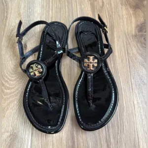 Tory Burch Black Patent Leather Gold Logo Thong Sandals - Size 8 EUC