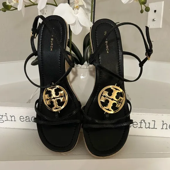 Tory Burch Black Sandals with Gold Logo - NWOT