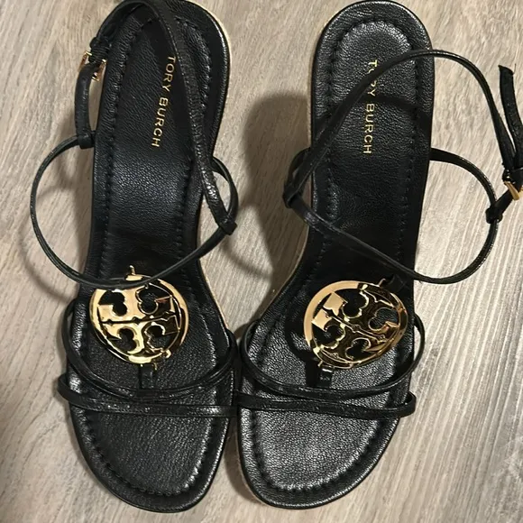 Tory Burch Black Sandals with Gold Logo - NWOT