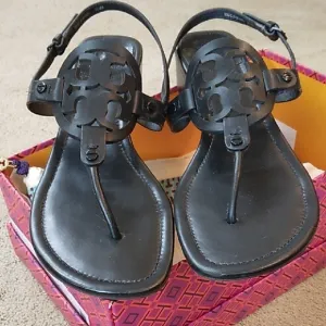 Tory Burch Black Sandals with T-Strap and Medallion