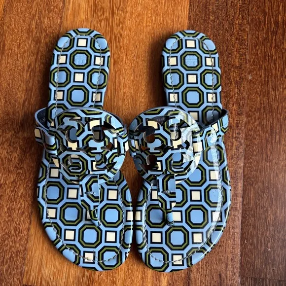 Tory Burch Blue Geometric Print Miller Sandals Patent Leather