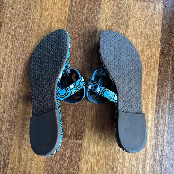 Tory Burch Blue Geometric Print Miller Sandals Patent Leather