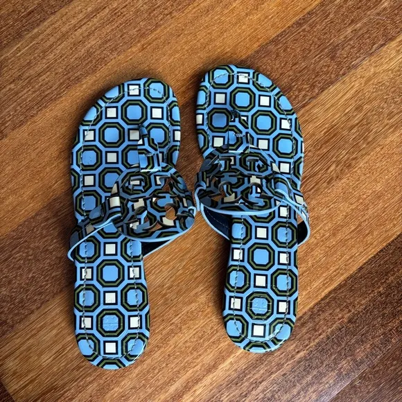 Tory Burch Blue Geometric Print Miller Sandals Patent Leather