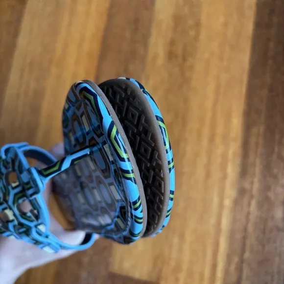 Tory Burch Blue Geometric Print Miller Sandals Patent Leather
