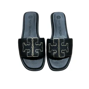 Tory Burch Double T Leather Medallion Slide Sandals in Perfect Black Gold 7.5