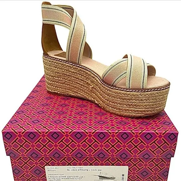 Tory Burch Frieda 50mm Espadrille Wedge Sandal Size 8 M Color Blush Stripe/Tan