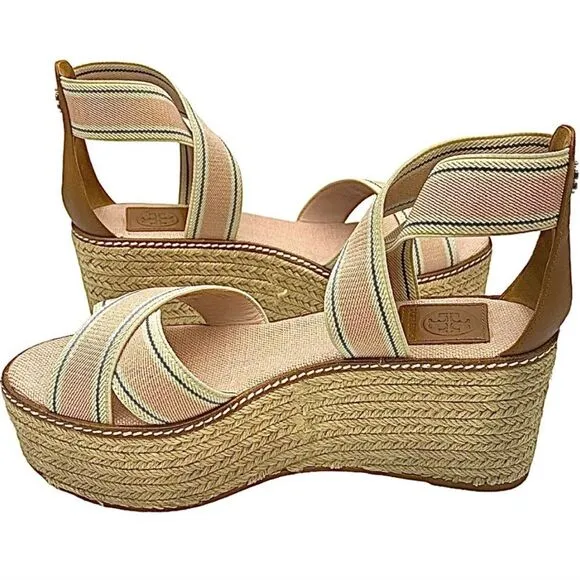 Tory Burch Frieda 50mm Espadrille Wedge Sandal Size 8 M Color Blush Stripe/Tan