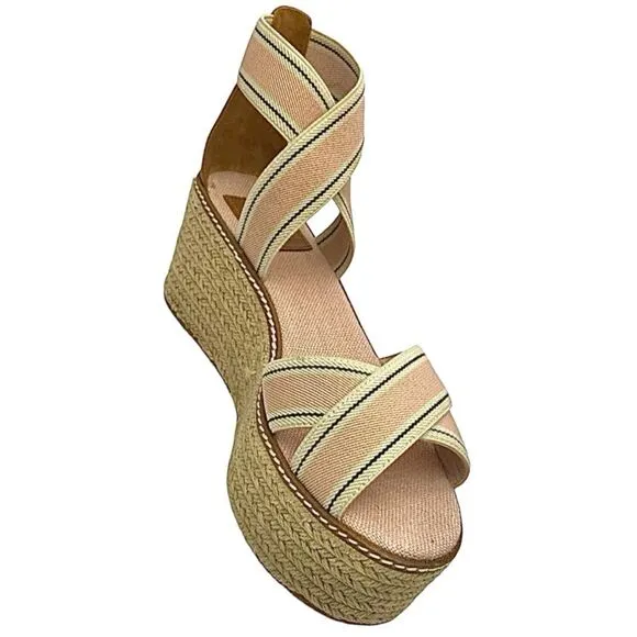 Tory Burch Frieda 50mm Espadrille Wedge Sandal Size 8 M Color Blush Stripe/Tan