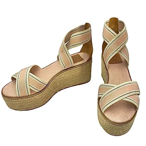 Tory Burch Frieda 50mm Espadrille Wedge Sandal Size 8 M Color Blush Stripe/Tan