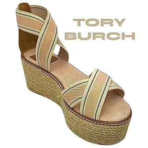 Tory Burch Frieda 50mm Espadrille Wedge Sandal Size 8 M Color Blush Stripe/Tan