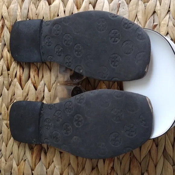 Tory Burch full logo brown leather slip on sandals 8