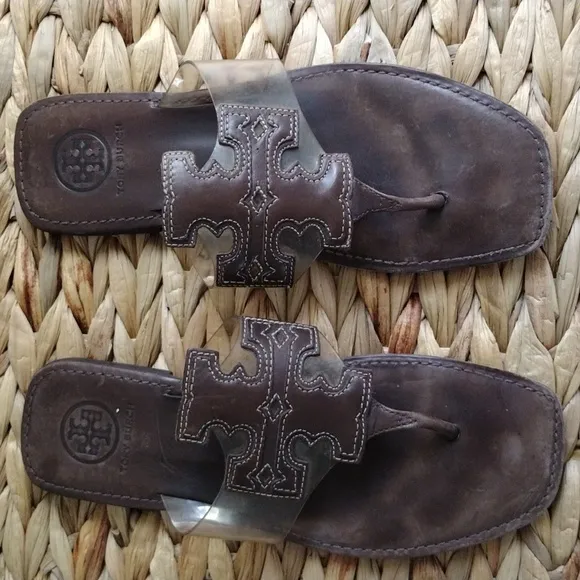 Tory Burch full logo brown leather slip on sandals 8