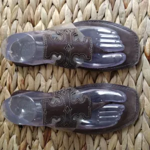 Tory Burch full logo brown leather slip on sandals 8