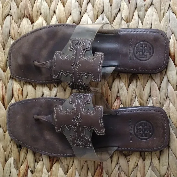 Tory Burch full logo brown leather slip on sandals 8