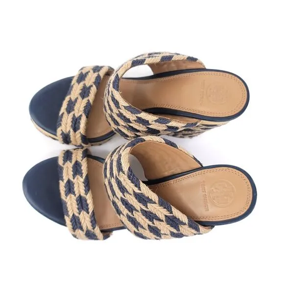 Tory Burch Heels Womens 8 Sandals Slip On Platform Slide Chunky Jute Woven Lola