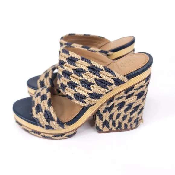 Tory Burch Heels Womens 8 Sandals Slip On Platform Slide Chunky Jute Woven Lola