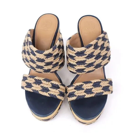 Tory Burch Heels Womens 8 Sandals Slip On Platform Slide Chunky Jute Woven Lola