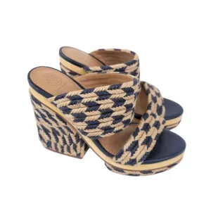 Tory Burch Heels Womens 8 Sandals Slip On Platform Slide Chunky Jute Woven Lola