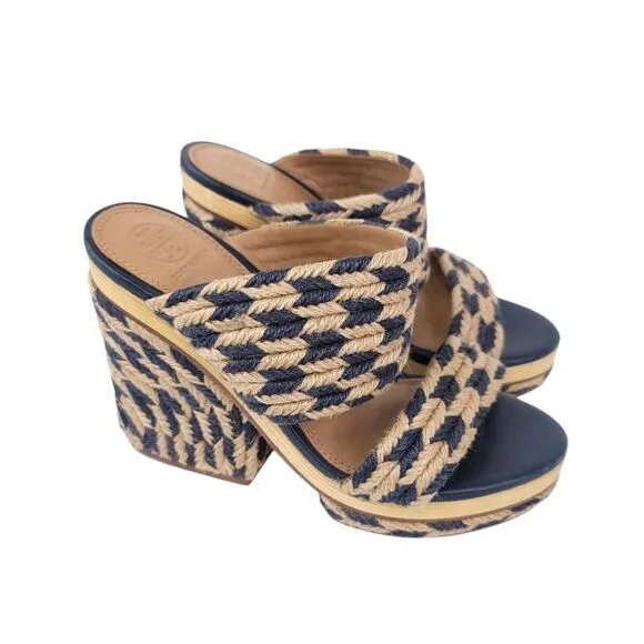 Tory Burch Heels Womens 8 Sandals Slip On Platform Slide Chunky Jute Woven Lola