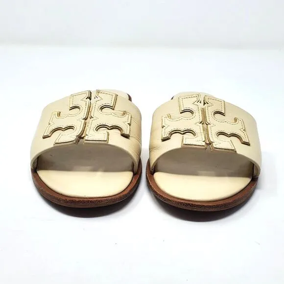 Tory Burch Ines Slides Sandals Calf Leather New Cream Gold 50109 Size US 6.5