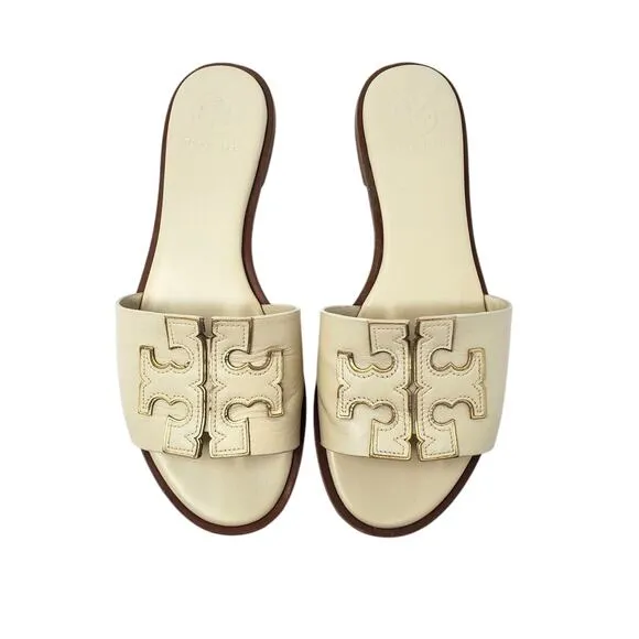 Tory Burch Ines Slides Sandals Calf Leather New Cream Gold 50109 Size US 6.5