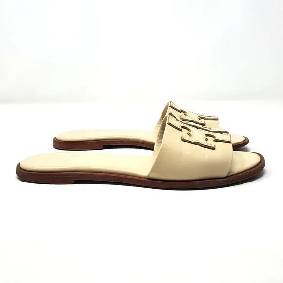 Tory Burch Ines Slides Sandals Calf Leather New Cream Gold 50109 Size US 6.5