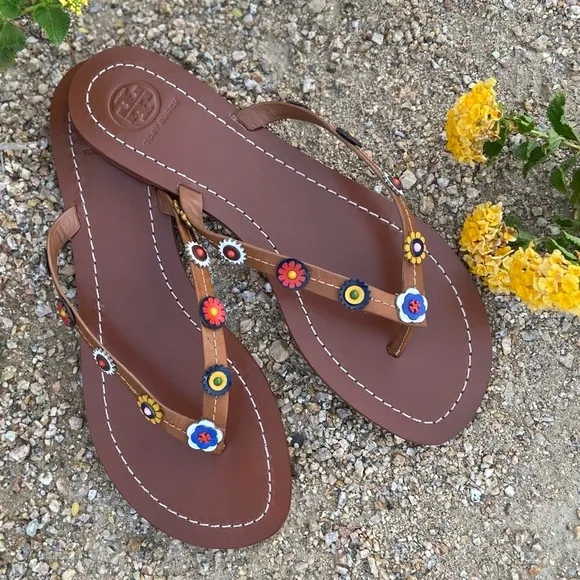 TORY BURCH Leather Floral Slip On Sandals (FIT LIKE AN 8)