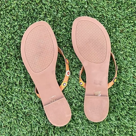 TORY BURCH Leather Floral Slip On Sandals (FIT LIKE AN 8)