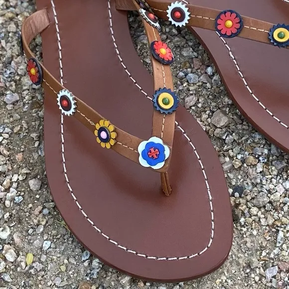 TORY BURCH Leather Floral Slip On Sandals (FIT LIKE AN 8)
