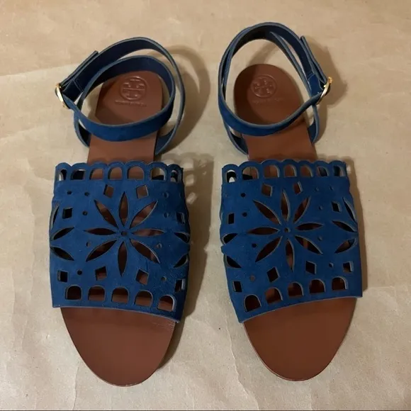 Tory Burch | May Perforated Ankle Strap Sandals Leather Navy Blue Size 10.5